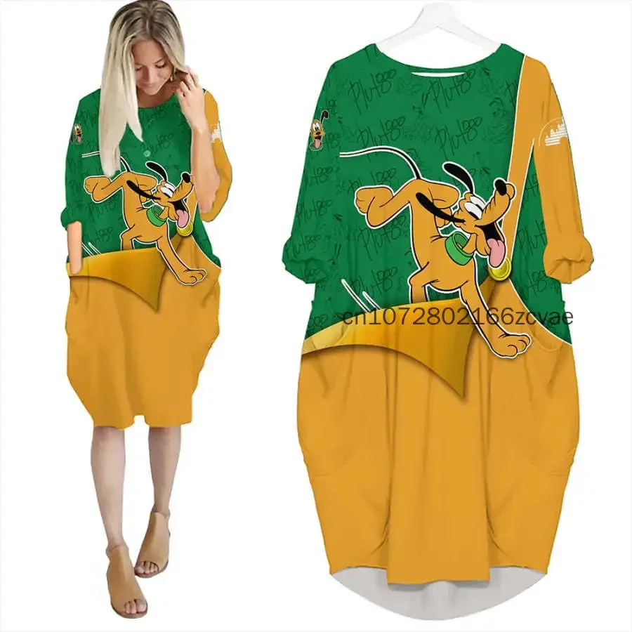 Disney Pluto Women's Batwing Pocket Dress 3D Printed Disney Stitch Oversize Fashion Street Dress Long Sleeve Sleeping Dress