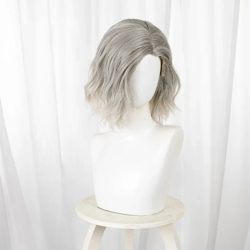 Silver Grey Ombre Short Wavy Wig Middle Part Natural Curly Synthetic Wig Heat Resistant Cosplay Halloween Daily Party Wigs view 2