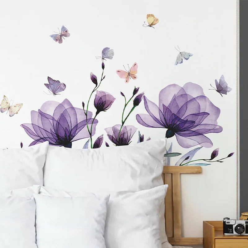 Romantic Purple Flowers Butterfly Bedroom Living Room Home Beautification Decorative Wall Stickers Wholesale Room Decoration