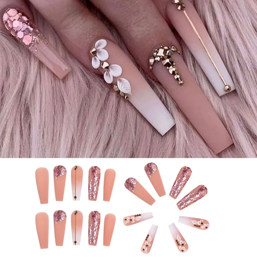 

New Long Ballerina False Nails Sparkling Pink French Nail Tips Full Cover Detachable Press on Nails DIY