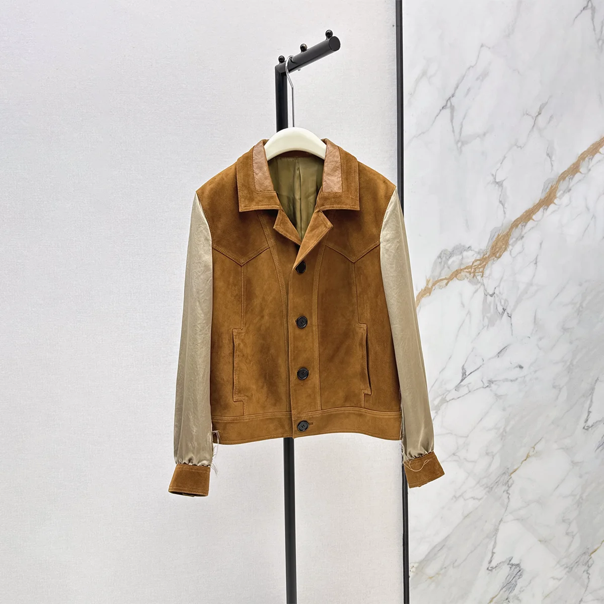 2026 high-quality women's brown and yellow color blocked suede short jacket--hb808
