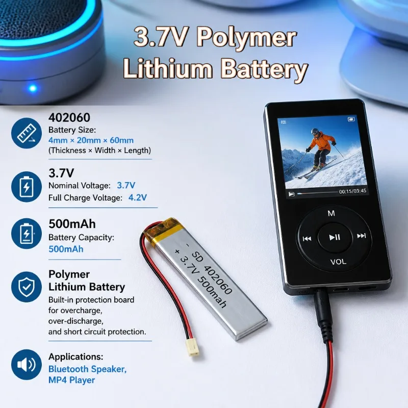 402060 3.7V 500mAh Polymer Lithium Rechargeable Battery Replacement For Bluetooth Speaker MP4 Player