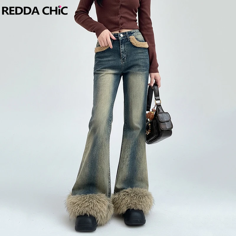 REDDACHiC Furry Cuffs Women Flared Jeans Winter Patchwork Relaxed Fit Distressed Low Waist Bootcut Pants Trendy Y2k Streetwear