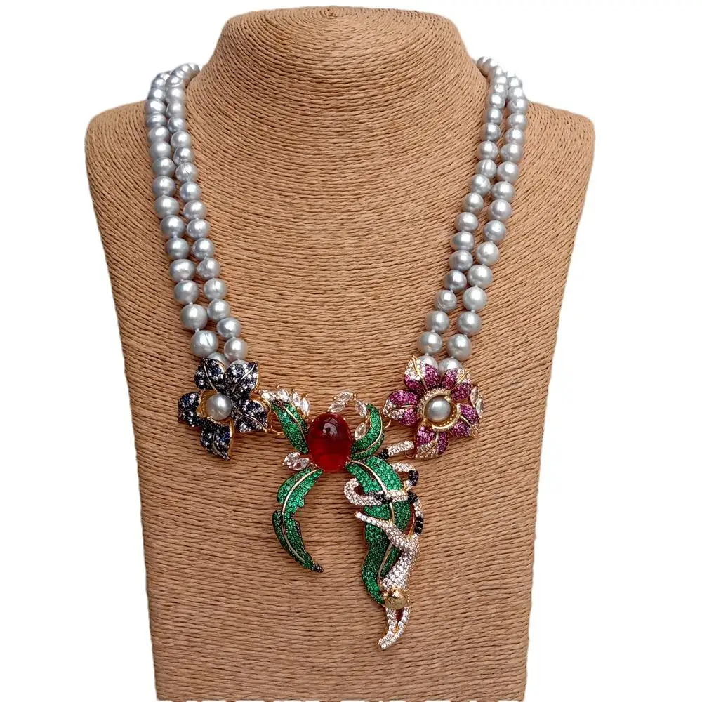 Y·YING 2 Strands Cultured Gray Pearl Necklace Big Cz Pave Flower Pendant Statement Necklaces