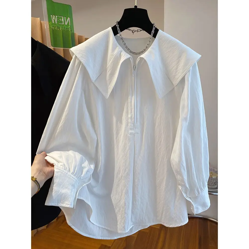 

Осень 202, новая простая однотонная блузка с отложным воротником и пуговицами, женские универсальные белые рубашки на молнии, женская одежда, топы