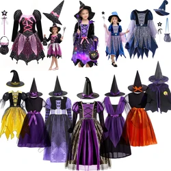 Baby Girls Halloween Witch Costume Children Cosplay Vampire Princess Dresses Kids Dress Up Clothes With Hat Carnival Party Gift