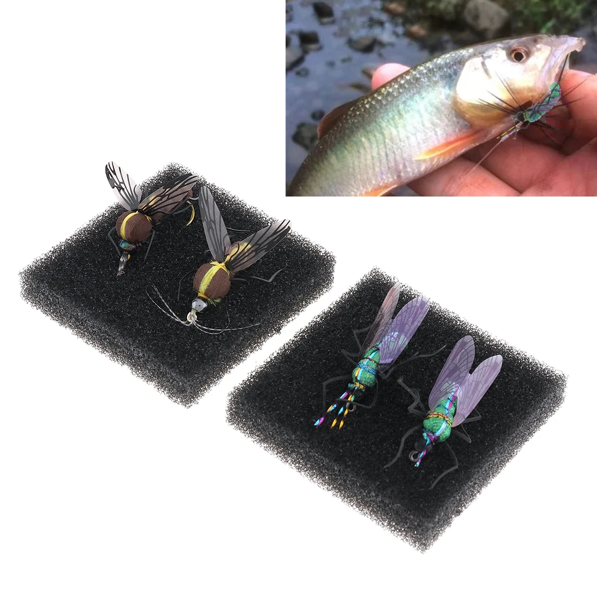 

2pcs Convenient small Insect Fly Files Fishing Lure Artificial Fishing Bait Feather Single Hooks Carp Fish Lure