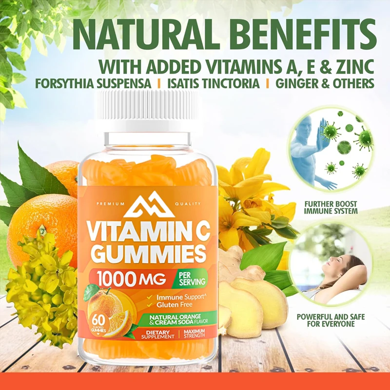 

Adult and child vitamin C 1000mg gummies provide immune and collagen support for the skin, orange flavored 60 gummies