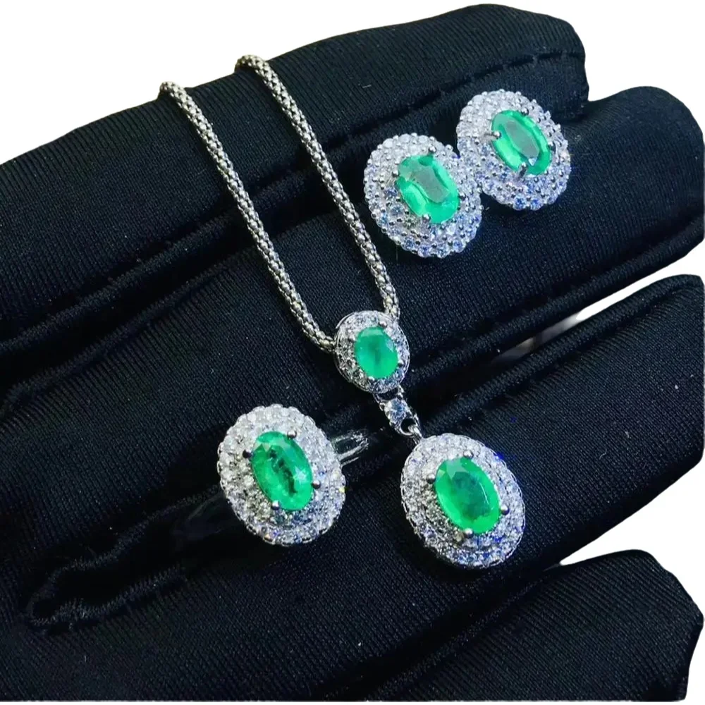 

KJJEAXCMY-925 Sterling Silver Inlaid Natural Emerald Ring Earring Necklace Set, Fine Jewelry, Support Test Noble