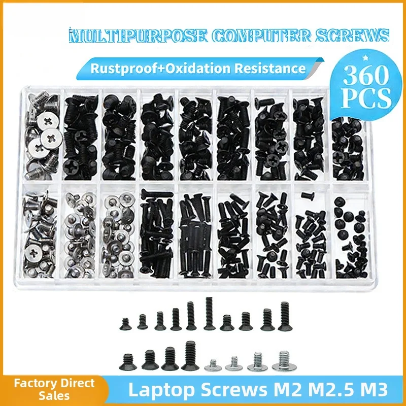360PC Laptop Screws Kit M2 M2.5 For M3 Black Zinc Coated Countersunk Head Screws for Computer Hardware Assembly