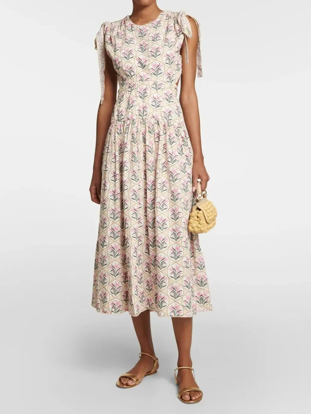 

Women Pink Flower Print Long Dress 2025 New Backless Bow Shoulder Strap Sleeveless Round Neck Holiday Casual Robe