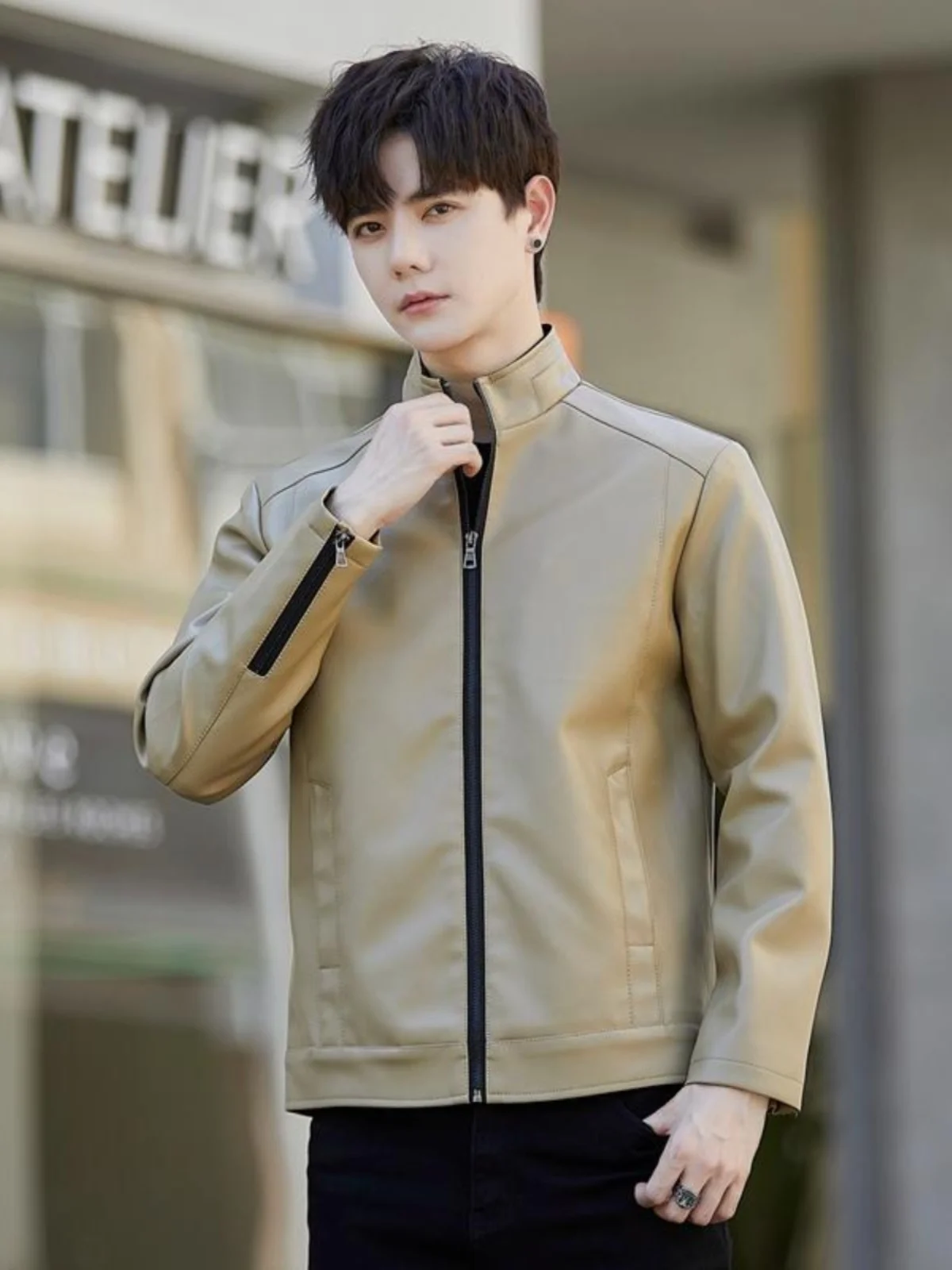 

Мужская кожаная куртка с воротником-стойкой, приталенная, весна-осень, новинка, корейская версия, модная байкерская куртка