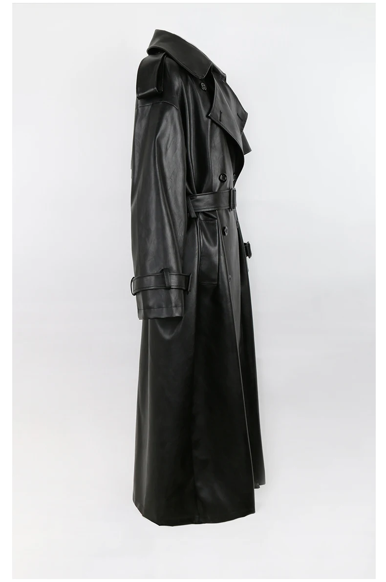 Nerazzurri Spring Autumn Long Oversized Black Pu Leather Trench Coat for Women Belt Double Breasted Loose Casual Korean Fashion