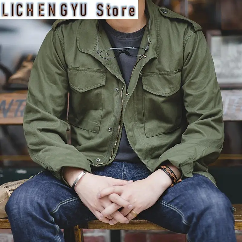 

Field Jackets For Men Green Vintage Army Jacket Casual Windbreaker Solid Lapel Collar with Pockets Overcoat