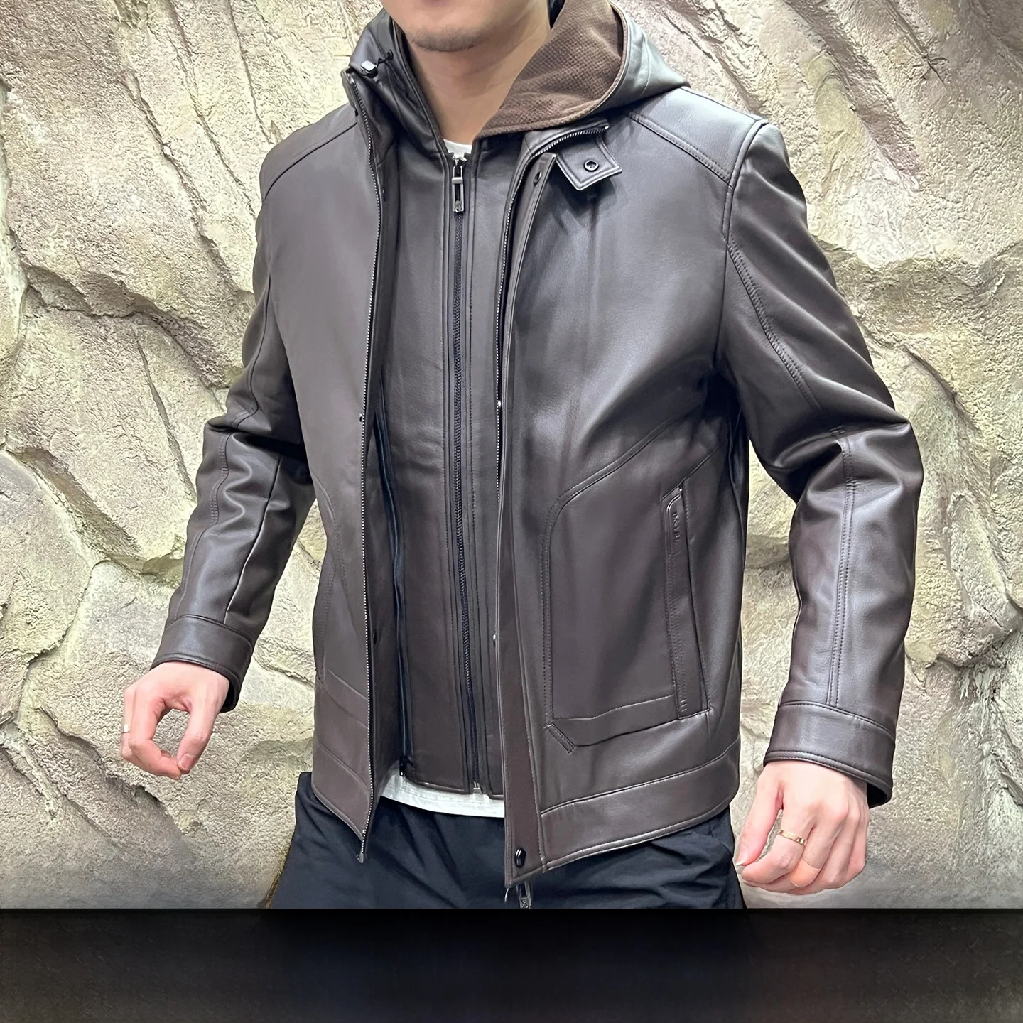 

Men's Winter High-End Detachable Hooded Leather Jaet down Coat Zipper Closure Long Sve Thiened Warm Outdoor Sle