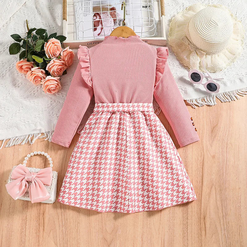 Kids Casual Dress for Girls Clothes 2024 Autumn Winter New Toddler Pink Houndstooth Long Sleeve Princess Dress Fashion Children