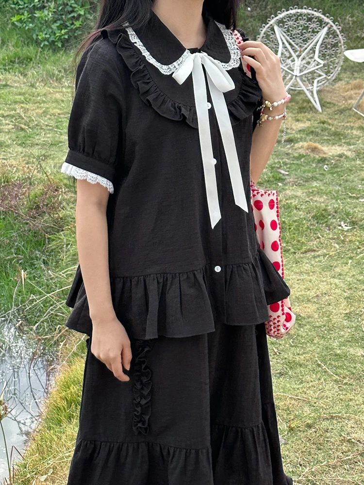 

Original Yizhi Lu Black Sweet First Love Girl Shirt Design Summer Fashion Set Cotton Short Sleeve Button up Two-Piece Set