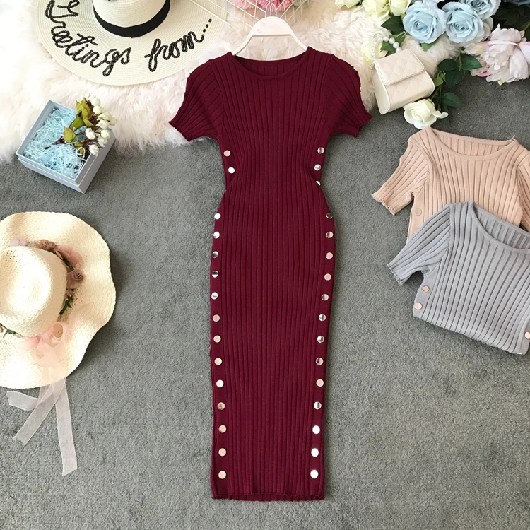 Chic Knit O Neck Double Breasted Bodycon Dress Short Sleeve Women Elegant Korean Fashion Vestidos Summer Pencil Dress