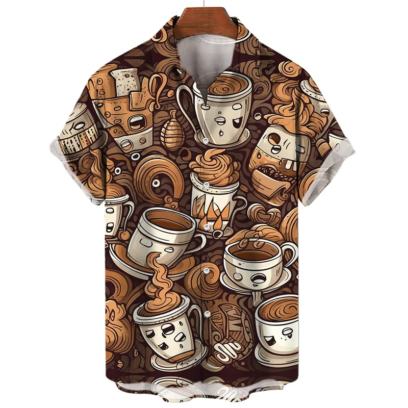 3d Printed Cartoon Coffee Shirt Summer Fashion Hawaiian Beach Shirts For Men Short Sleeve Street Shirt Top Lapel Women Clothing