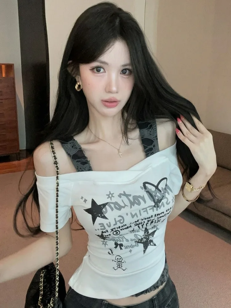 

Street Style Spicy Girl Design Sense Hole Shoulder Strap Fake Two-Piece Short Sleeve T-Shirt Women Summer Slimming Short Top