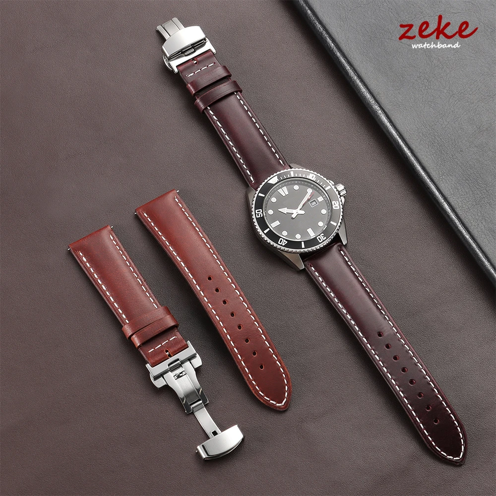 Vintage oliewas lederen horlogeband 18mm 20mm 22mm universele hoofdlaag koeienhuid horlogeband accessoires vlindergesp armband