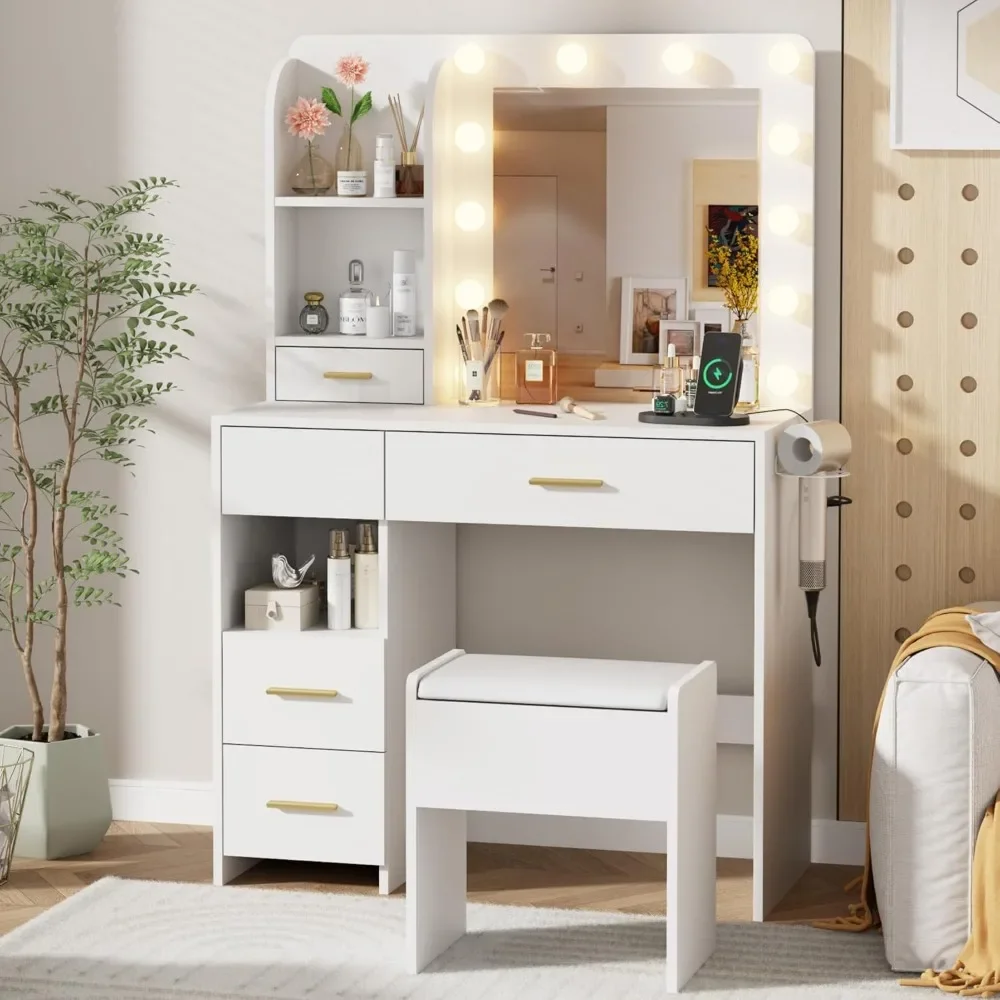 Vanity Desk with LED Lighted Mirror&Power Outlet, 3 Lighting Colors,5 Large Drawers and 3 Storage Shelves,Storage Stool