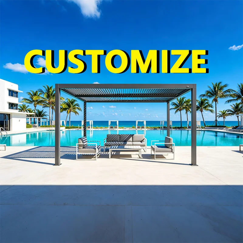 

Any Size Custom European Bioclimatic Louvered Pergola Aluminum Waterproof Weather Resist Lamp Equipped Villa Sun Shade Pavilion