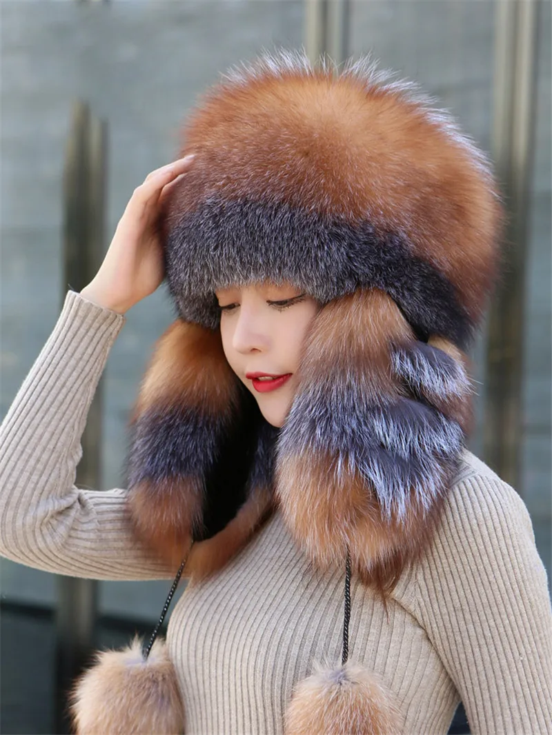 2022 New Women Winter Ushanka Hats Bomber Russian Women Fluffy Trapper Natural Fox Fur Warm Round Ladies Fur Hat Scarf Set