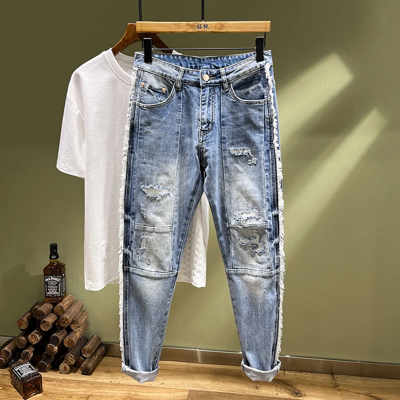 High-end Personality Splicing Raw Edge Hole Men's Jeans Influx Of Elastic Slim Embroidery Patches Small Leg Pants