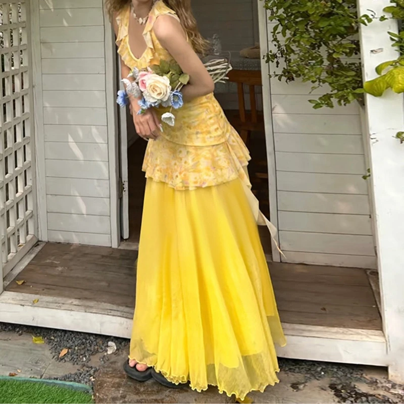 Vestido maxi com estampa floral amarela, decote em v, cintura alta, bainha em camadas, design em camadas para praia, férias, festa, noite, vestidos casuais femininos