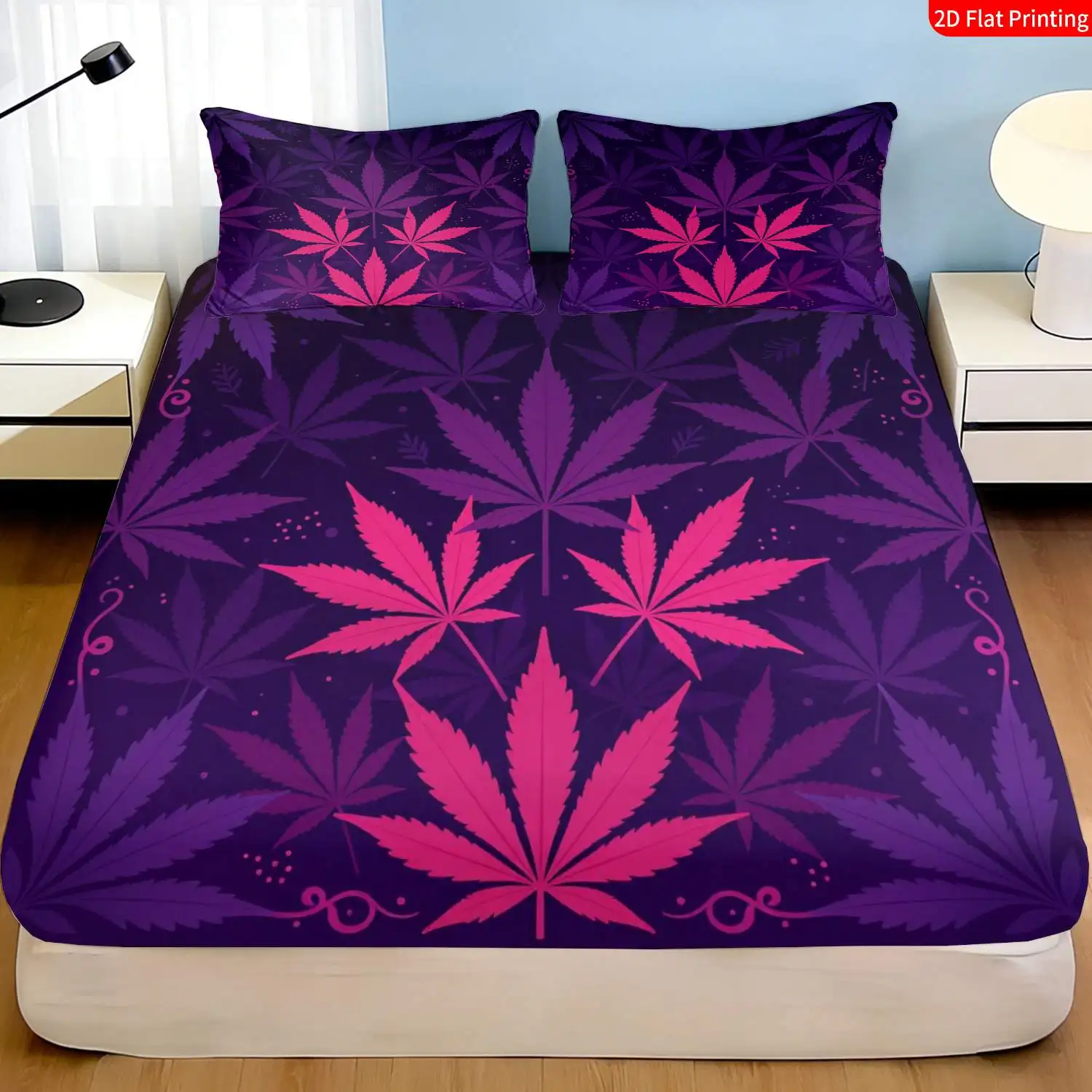 Christmas 2D Digital Print Three-Piece Bedding Set (includes 1 fitted sheet + 2 pillowcases) Mattress Protector, Fitted Sheet Style with Elastic Band, Protective Cover, Mattress Protector, Bohemian Leaf Pattern Bedding