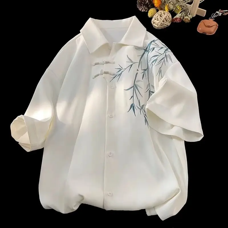

Loose Fit Bamboo Embroidery ort Sve Men's irt Spring New Chinese Sle Casual Faion Youthful Trend Summer irt