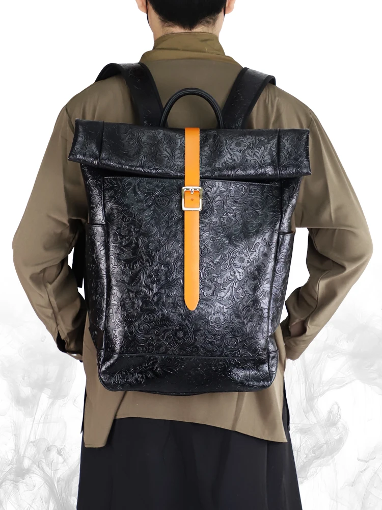 Cowhide Leather Curling Men's Backpack Trendy Genuine Leather Riding Backpack Hiking Backpack Computer Bag Functional Schoolbag