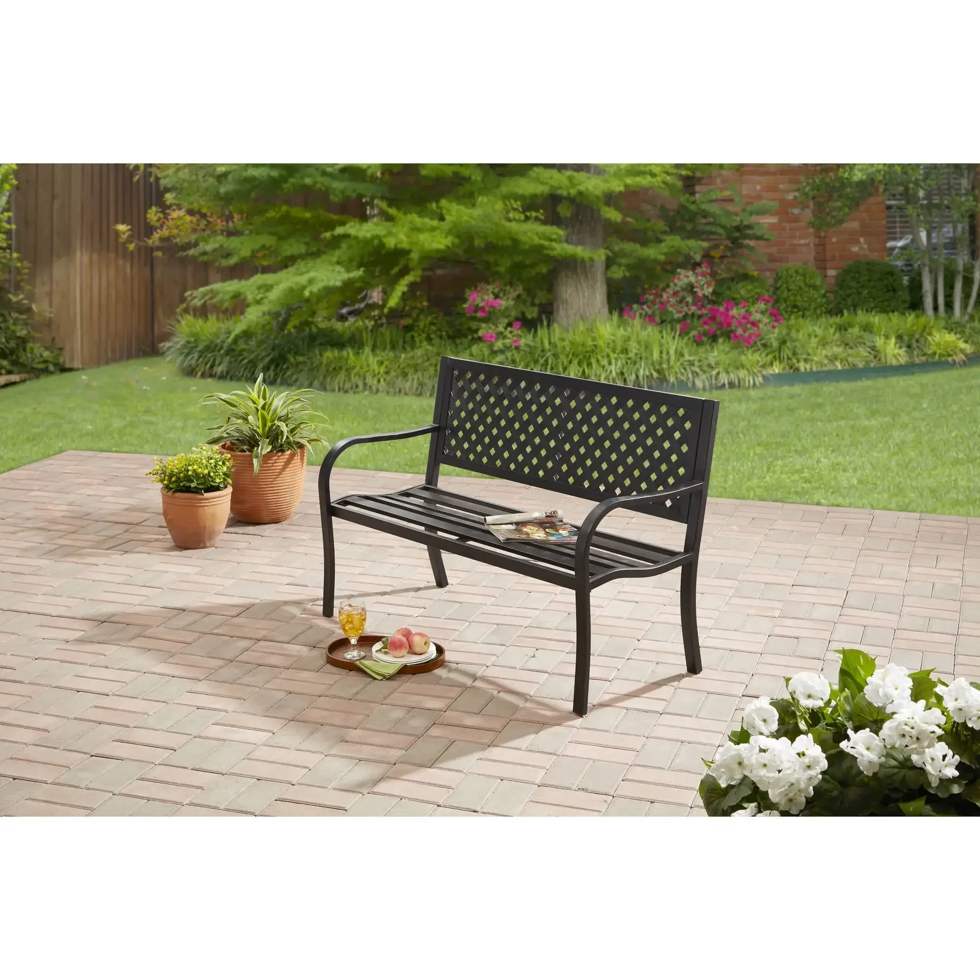 

Lattice High Back Slat Seat Steel Outdoor Bench, Black - Seats 2