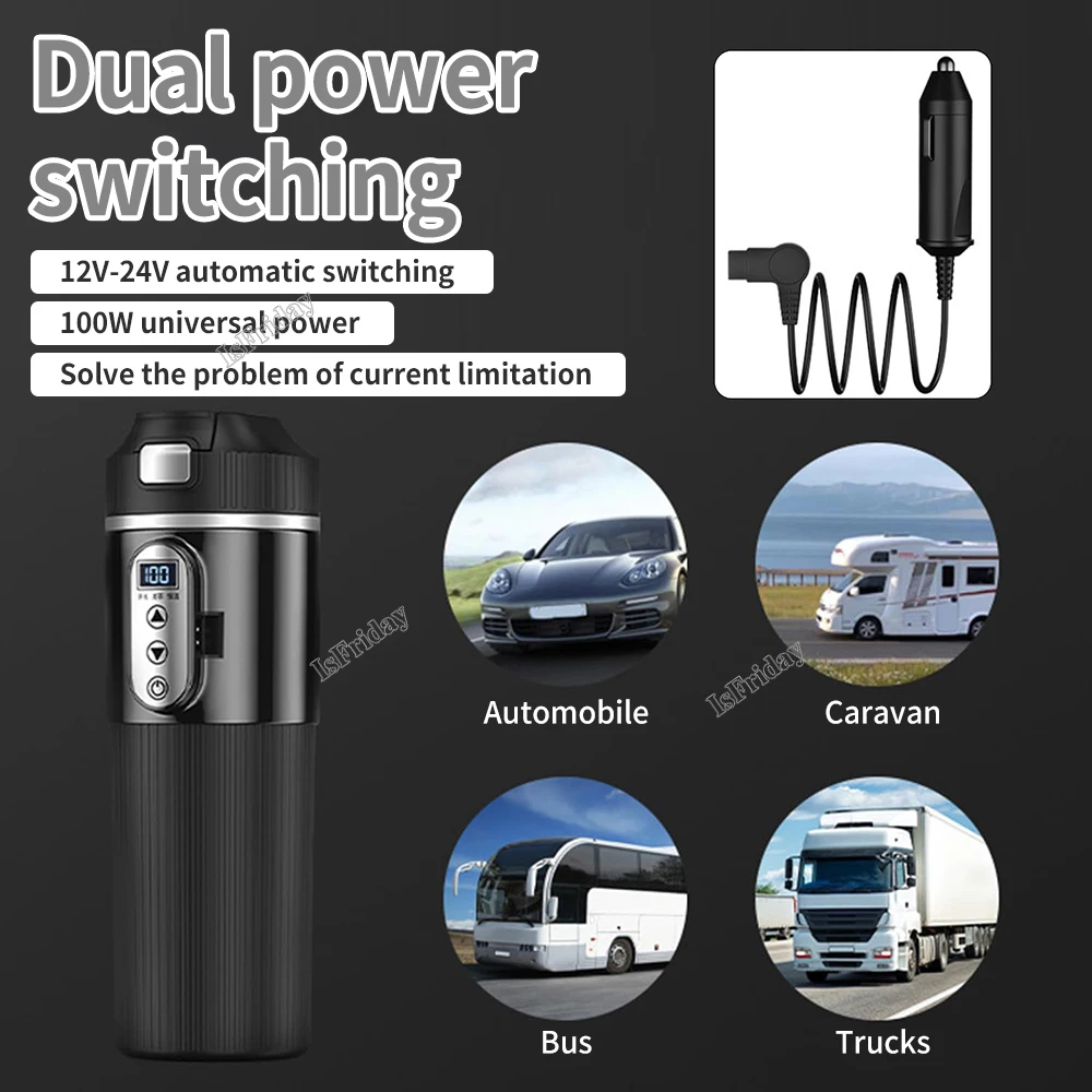 12V/24V Car Heating Cup Digital LCD Display Electric Kettle Smart Temp Control Heat100°CPortable Car Heating Cup500MLThermos Cup