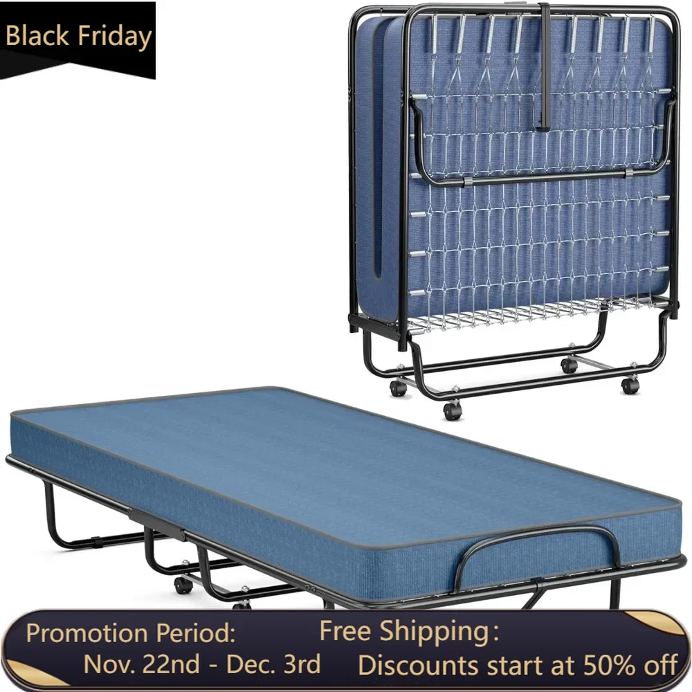 Twin Folding Bed with 5” Mattress Twin Size, with Memory Foam Mattress, Portable Fold Up Guest Bed with Steel Frame on Wheels