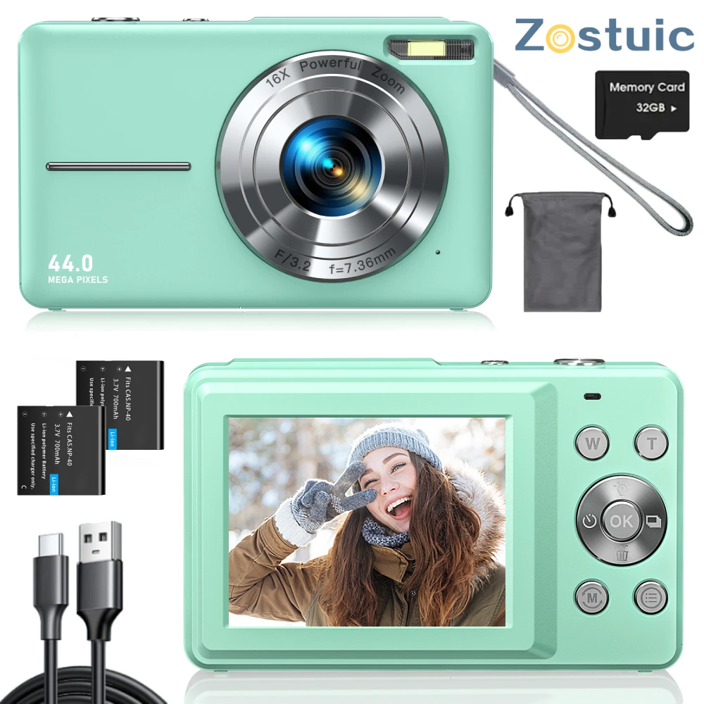 ZOSTUIC Digital Camera, FHD 1080P Camera, Digital Point and Shoot Camera with 16X Zoom Anti Shake, 32G Card Compact Camera Green