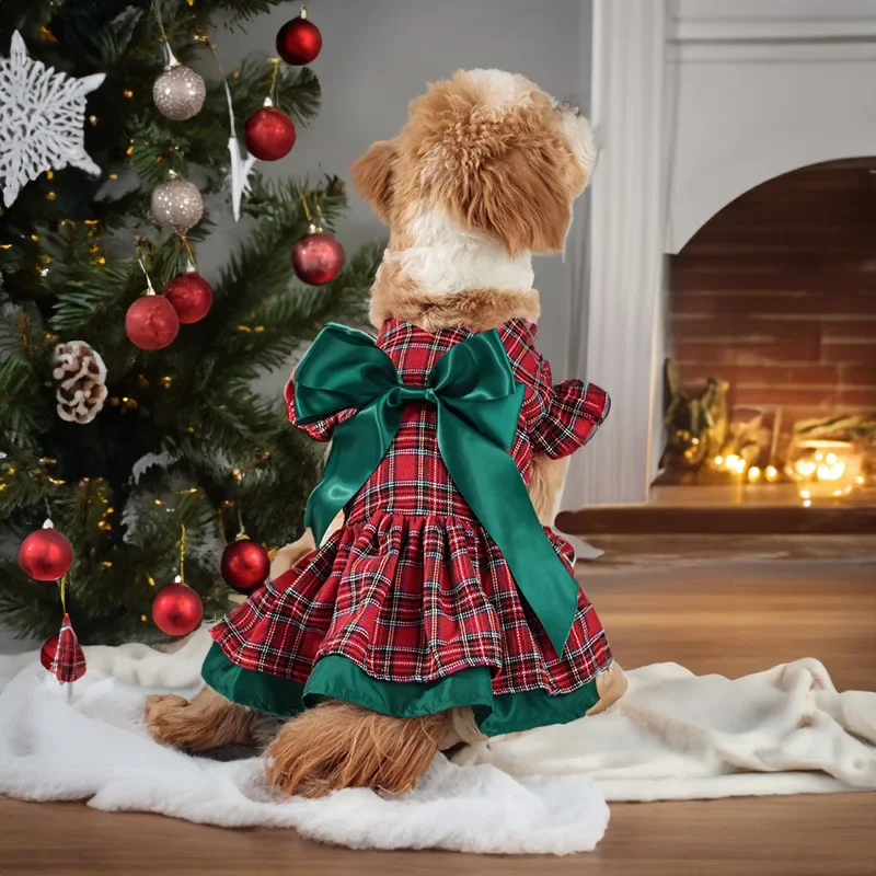 Red Plaid Christmas Dog Costume Cute Bowknot Princess Dress for Festival Party Small Dog Puppy Skirt Apparel Pet Clothes