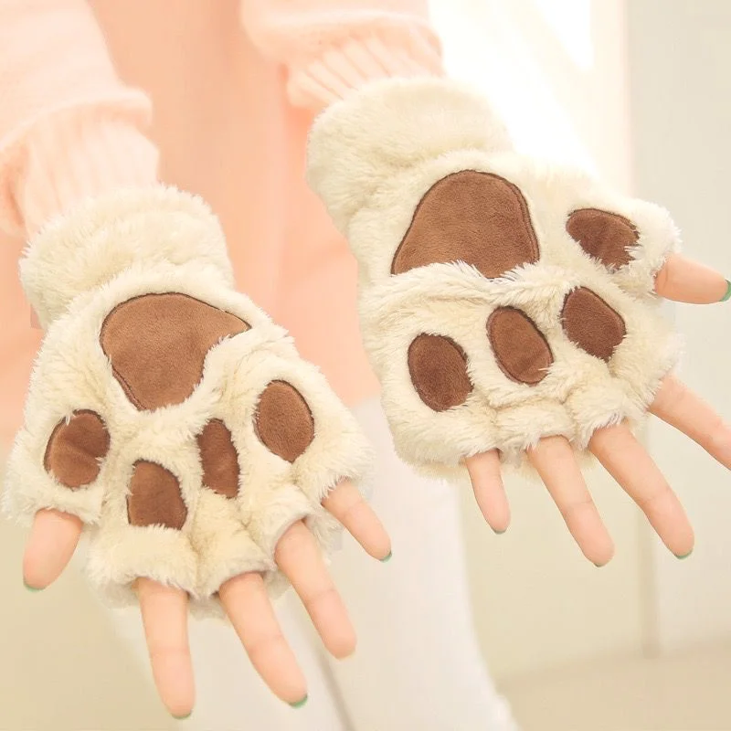 Women Cartoon Cat Claw Gloves Thicken Fingerless Plush Bears Warm Cute Thick Bear Paw Fingers Half Winter Kawaii Mittens Gloves