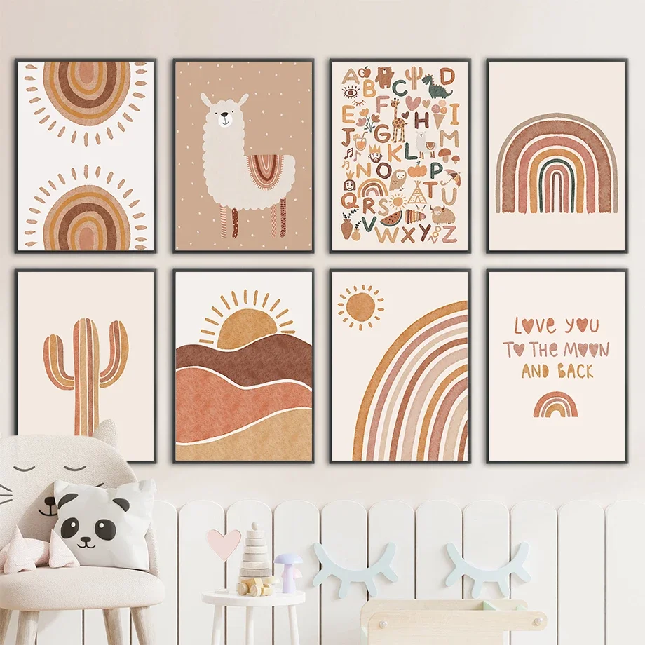 Alpaca Unicorn Sun Rainbow Cactus Nursery Wall Art Canvas Painting Nordic Posters And Prints Wall Pictures Baby Kids Room Dec