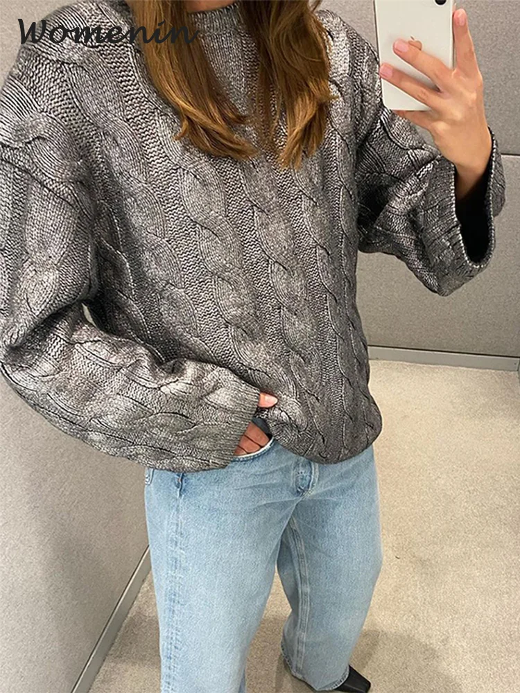 Fashion Women's Shiny Twist Sweater Loose Solid O-neck Long Sleeve Female Pullovers 2024 Autumn Lady Casual Y2k Knitwear New