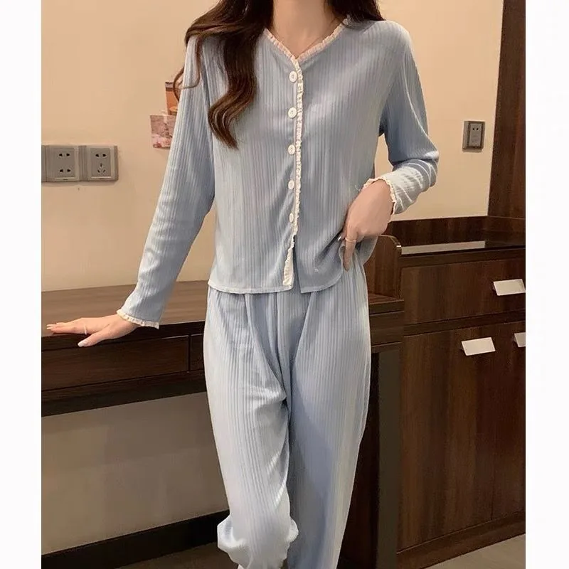 Princess Style Long Sleeved Pajamas Women Spring Autumn 2024 New Sleepwear Cardigan Round Neck Floral Homewear Two-piece Set