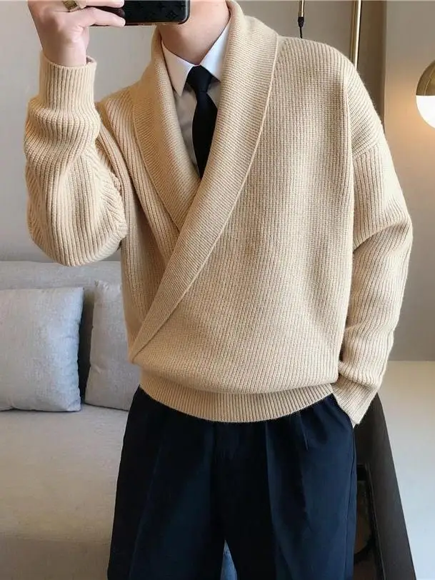 

Мужской повседневный свободный вязаный свитер с V-образным вырезом, драпированный, осенне-зимний, модный, городской, из полиэфирного волокна, с длинными рукавами