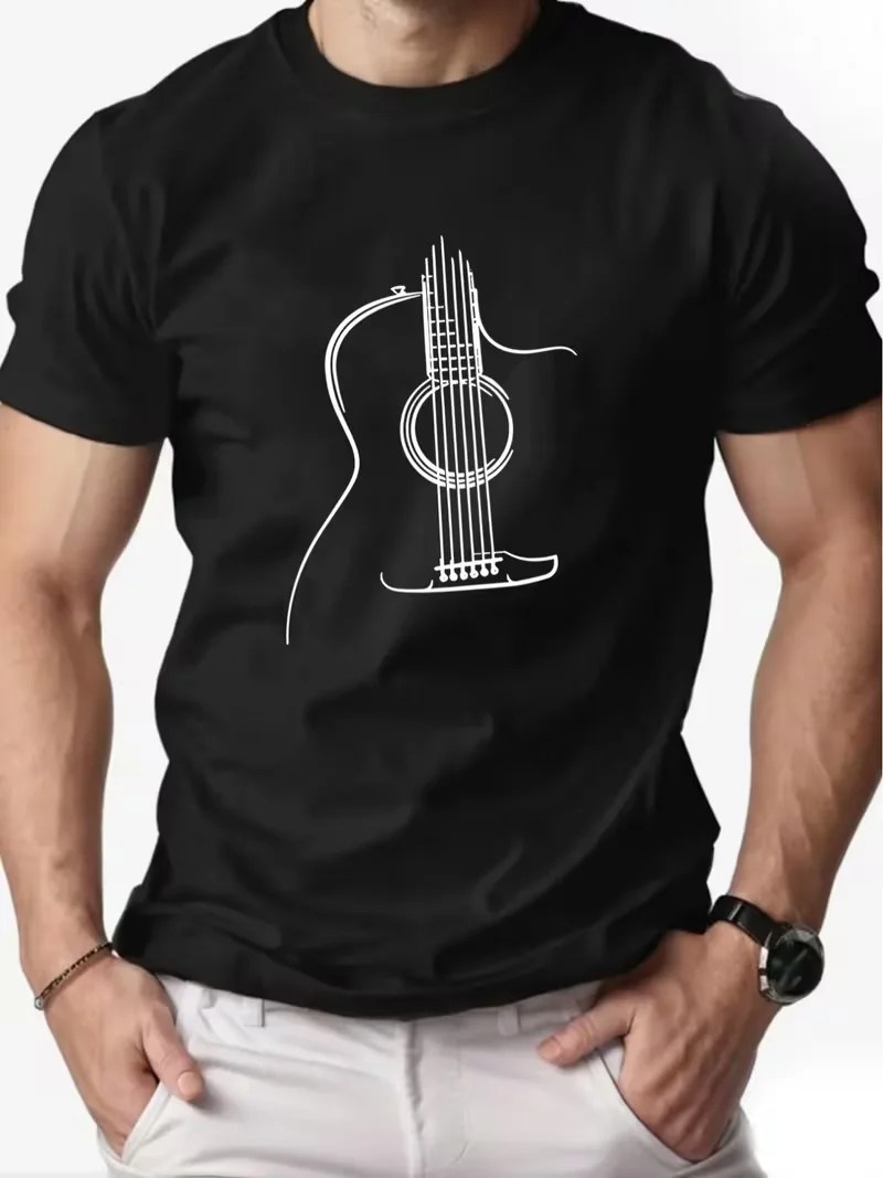 Men'S Guitar Line Art T-Shirt - Navy Blue with White Musical Notes and Guitar Chord Design Moisture-Wicking Short-Sleeve Shirt