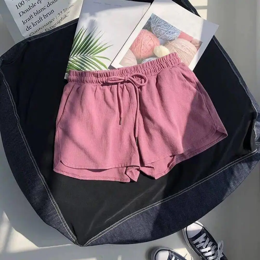 Confortável elástico na cintura feminina Shorts, monocromático, casual, esporte, casa