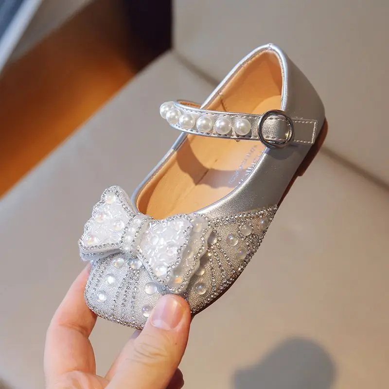 Girls' Shoes 2024 Spring/summer New Korean Version of Little Girl Princess Shoes Children's Bow Crystal Performance Shoes