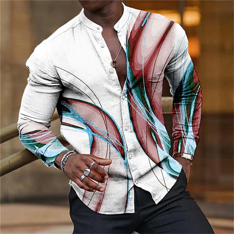 Camisa de manga larga con cuello de botón para hombre, ropa de calle informal con estampado 3D de línea Digital, nueva moda de verano