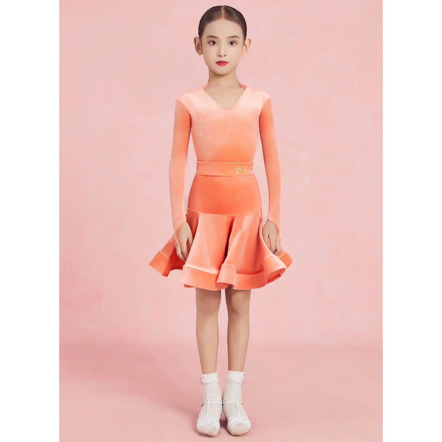2026 Girls Latin Dance Competition Clothing V Neck Velvet Long Sleeves Dress Fishbone Skirt Cha Cha Dance Practice Wear DNV25873