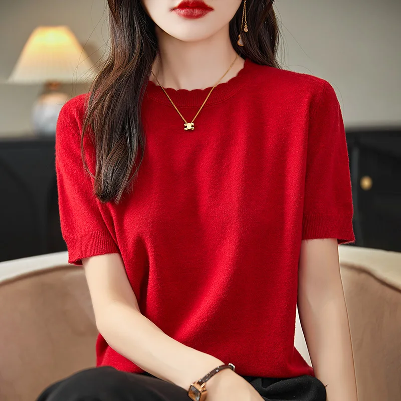 2024 Spring/Summer Women\'s Short sleeved Women\'s Cashmere Sweater Pullover Tank Top T-shirt Knitted Bottom Sweater Pullover