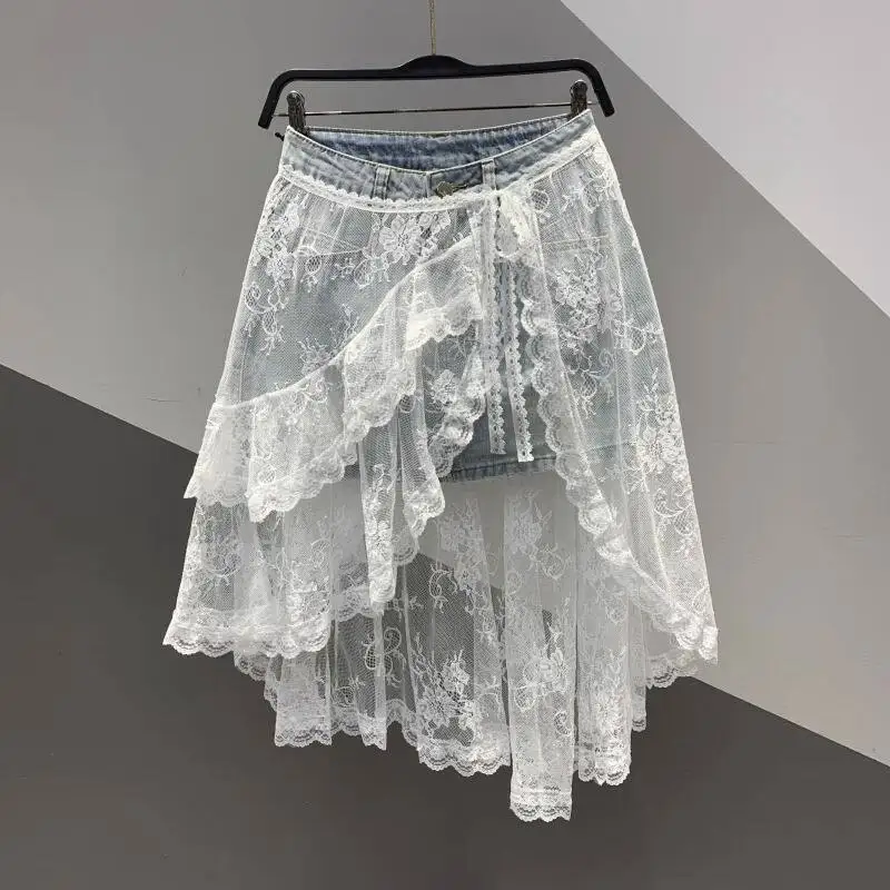 Women's Fashion Age-reducing Splicing Lace Denim Skirt Summer High-waisted Slim Skirt
